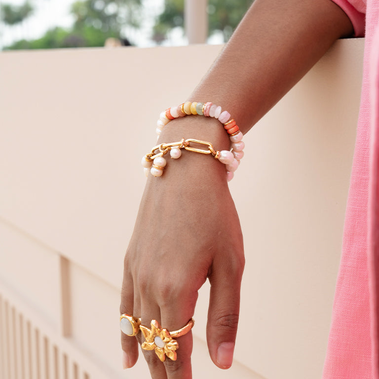 Velatti Freshwater Pearl Link Bracelet with Double Pearl Drop