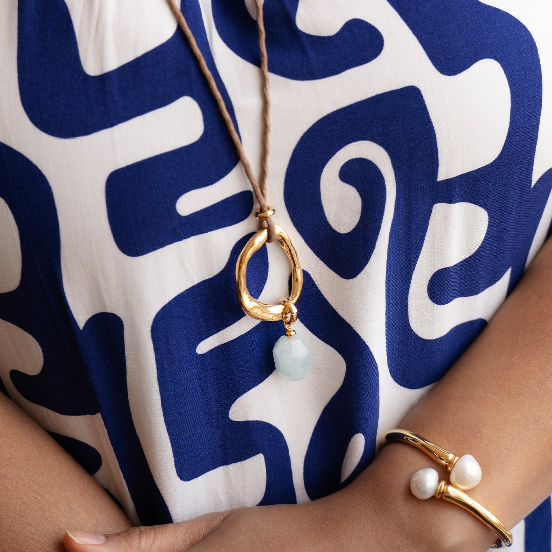 Velatti Circle & Gemstone Necklace with Adjustable Cotton Cord