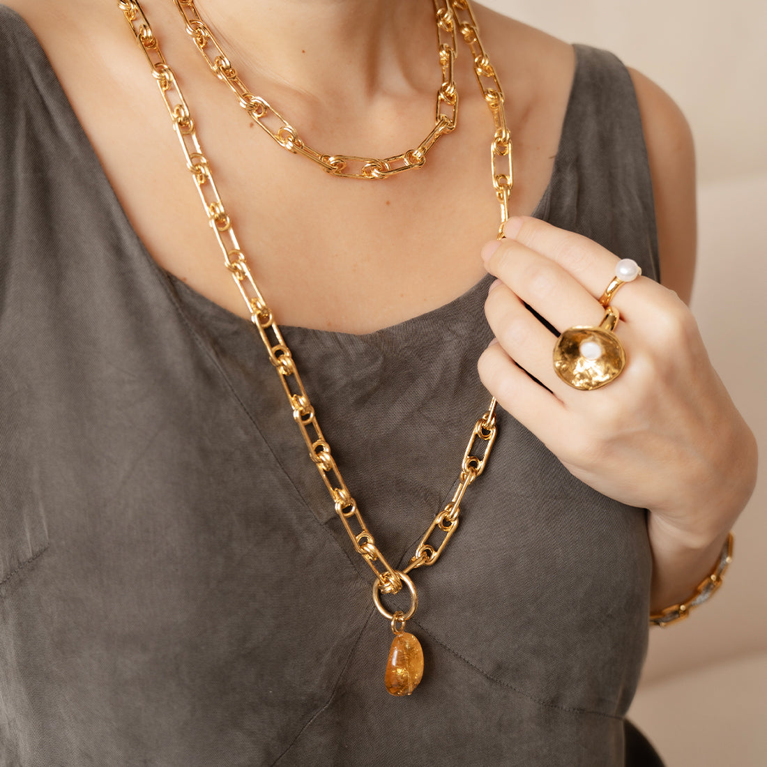 Velatti Long Links Necklace with Citrine