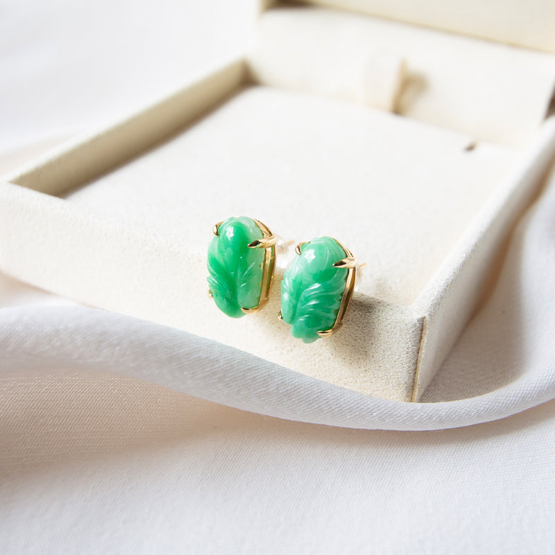 Vintage Carved Jade 14K Gold Studs