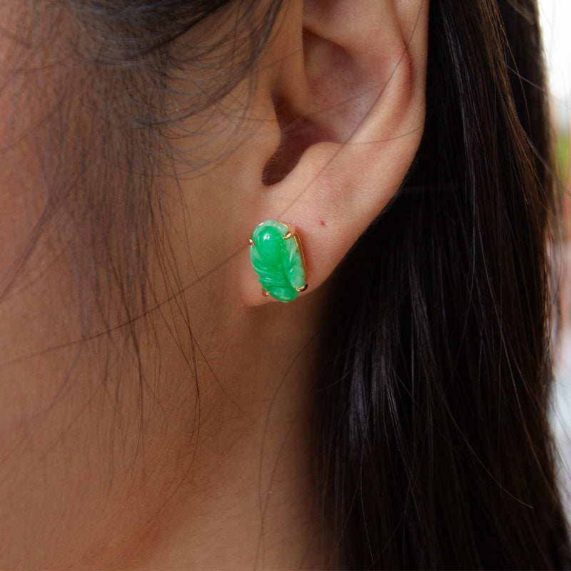 Vintage Carved Jade 14K Gold Studs