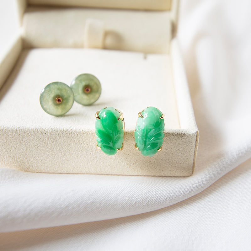 Vintage Carved Jade 14K Gold Studs