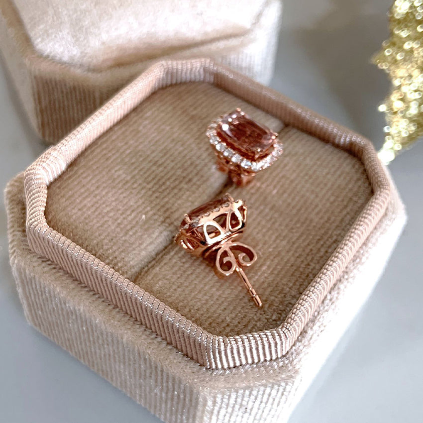 Pink Tourmaline 14k Gold Earrings with Diamond Halo