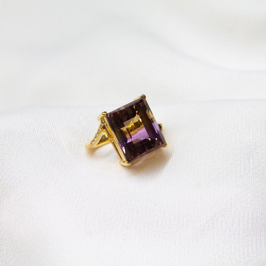 Ametrine and Diamond Twisted Band Ring