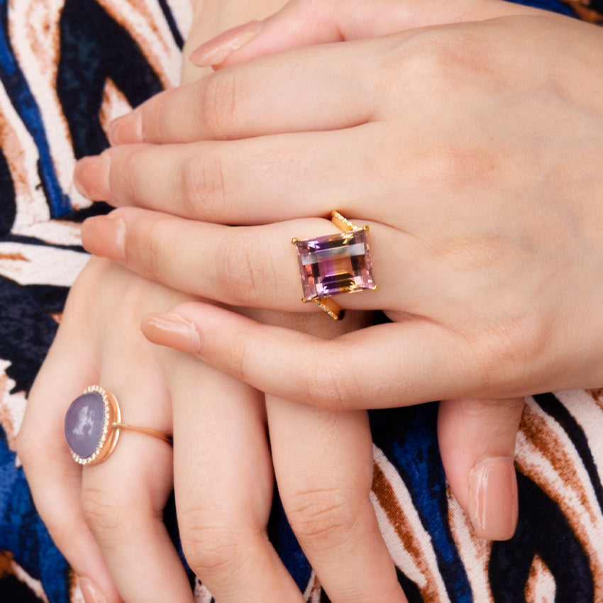 Ametrine and Diamond Twisted Band Ring