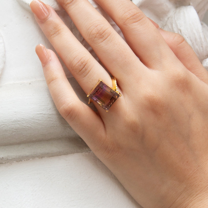 Ametrine and Diamond Twisted Band Ring