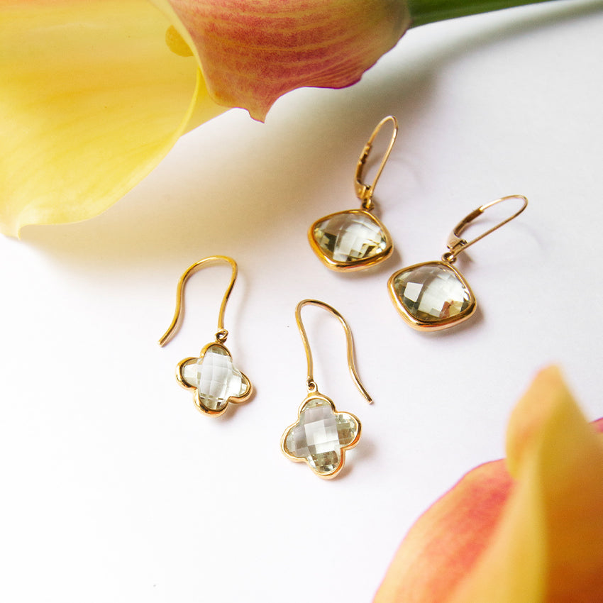 Green Amethyst Clover 14k Gold Earrings