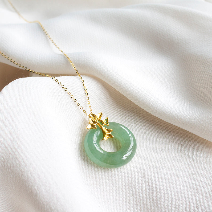 Jade Donut with Butterflies 18K Gold Necklace