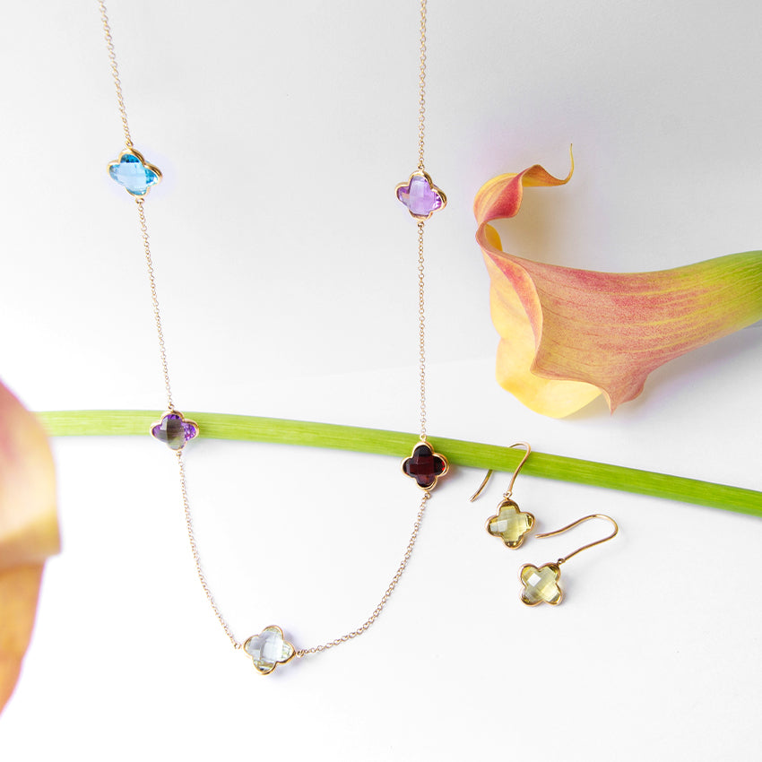 Clover Multi Gem Long 18k Gold Necklace