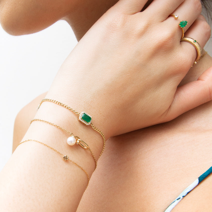 Emerald & Diamond Halo 18k Gold Bracelet