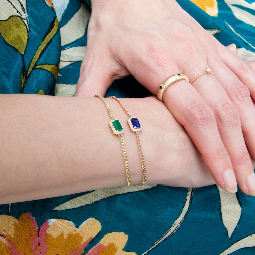 Emerald & Diamond Halo 18k Gold Bracelet