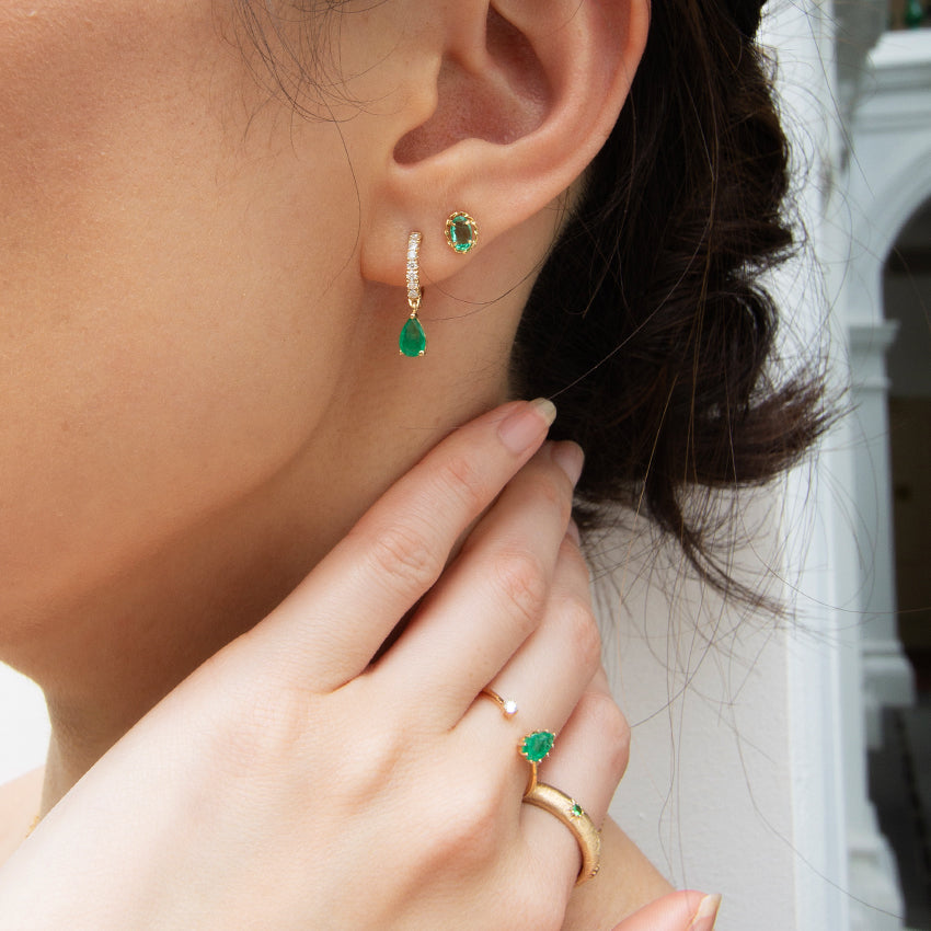 Emerald & Diamond 18k Gold Hoops