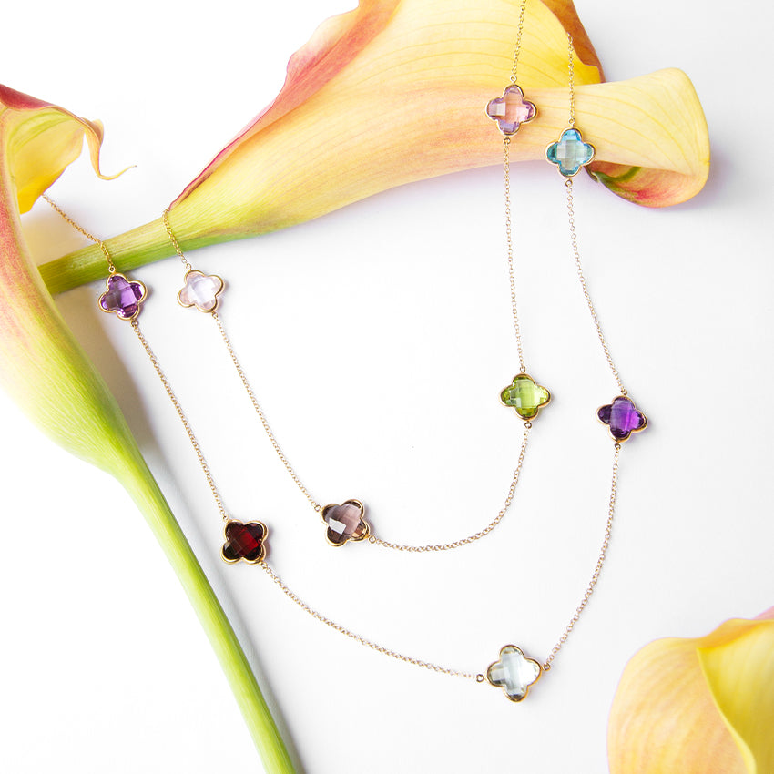 Clover Multi Gem Long 18k Gold Necklace