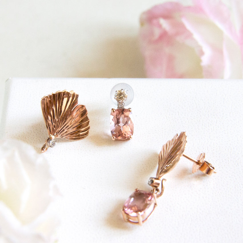 Ginkgo Leaf Three Ways Earrings with Pink Tourmaline and Diamonds