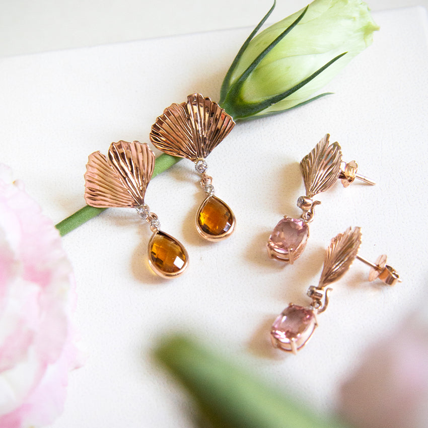 Ginkgo Leaf Three Ways Earrings with Pink Tourmaline and Diamonds