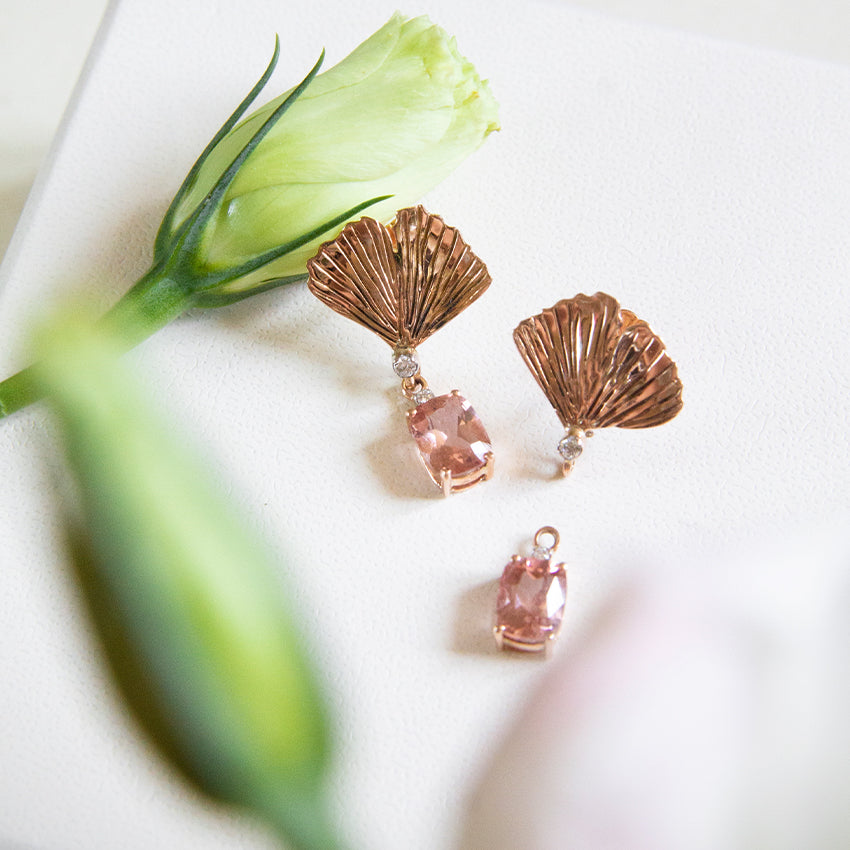 Ginkgo Leaf Three Ways Earrings with Pink Tourmaline and Diamonds
