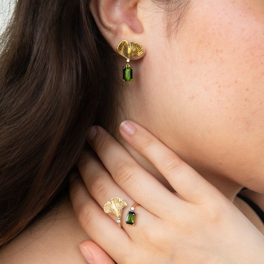 Ginkgo Leaf Three Ways Earrings with Green Tourmaline and Diamonds