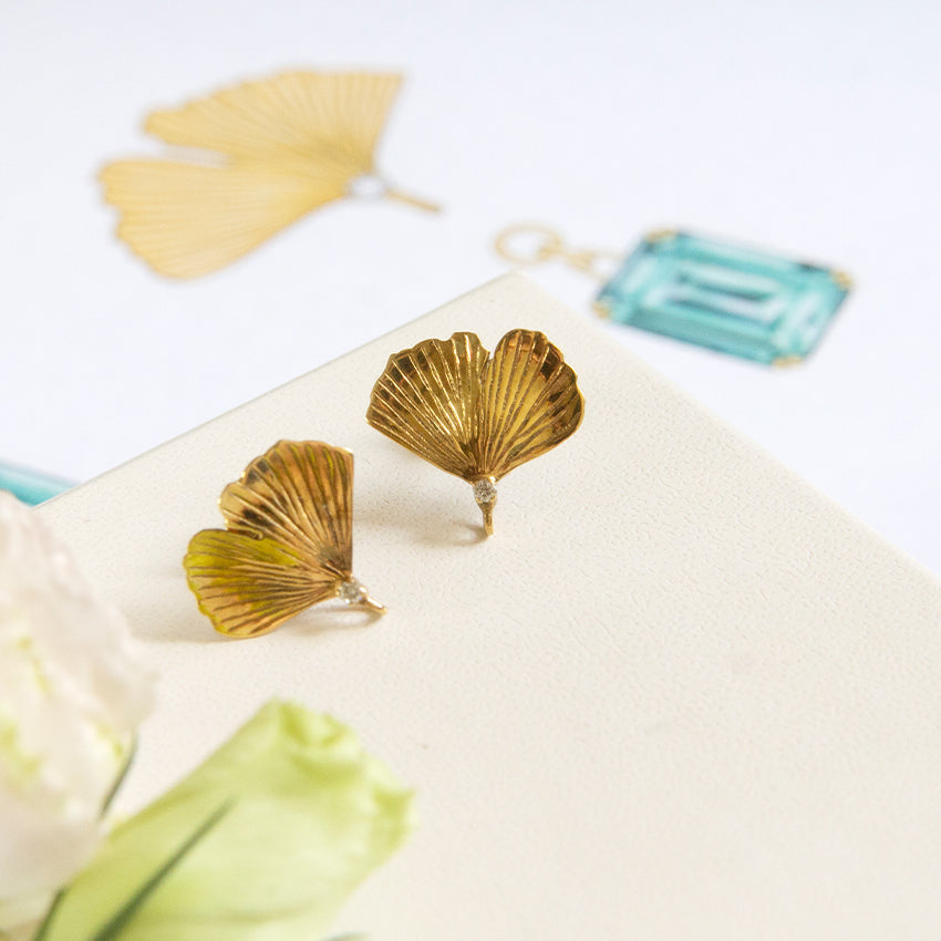 Ginkgo Leaf Three Ways Earrings with Green Tourmaline and Diamonds