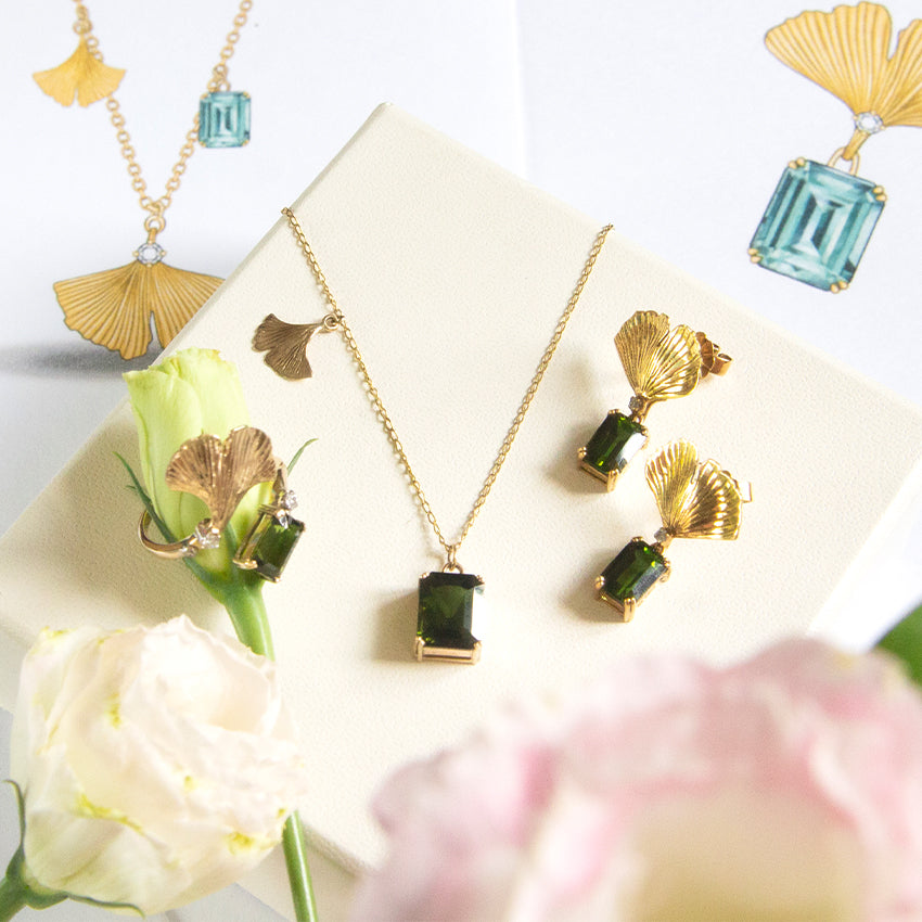 Ginkgo Leaf Three Ways Earrings with Green Tourmaline and Diamonds