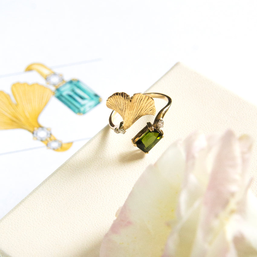 Ginkgo Twist Ring with Green Tourmaline and Diamonds
