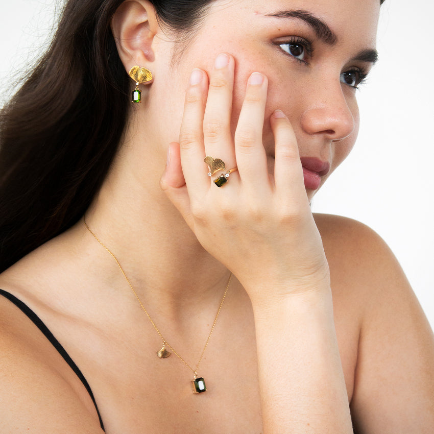 Ginkgo Leaf Three Ways Earrings with Green Tourmaline and Diamonds