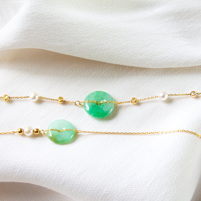 Dotted Gold and Freshwater Pearl Jade Donut 18k Gold Bracelet