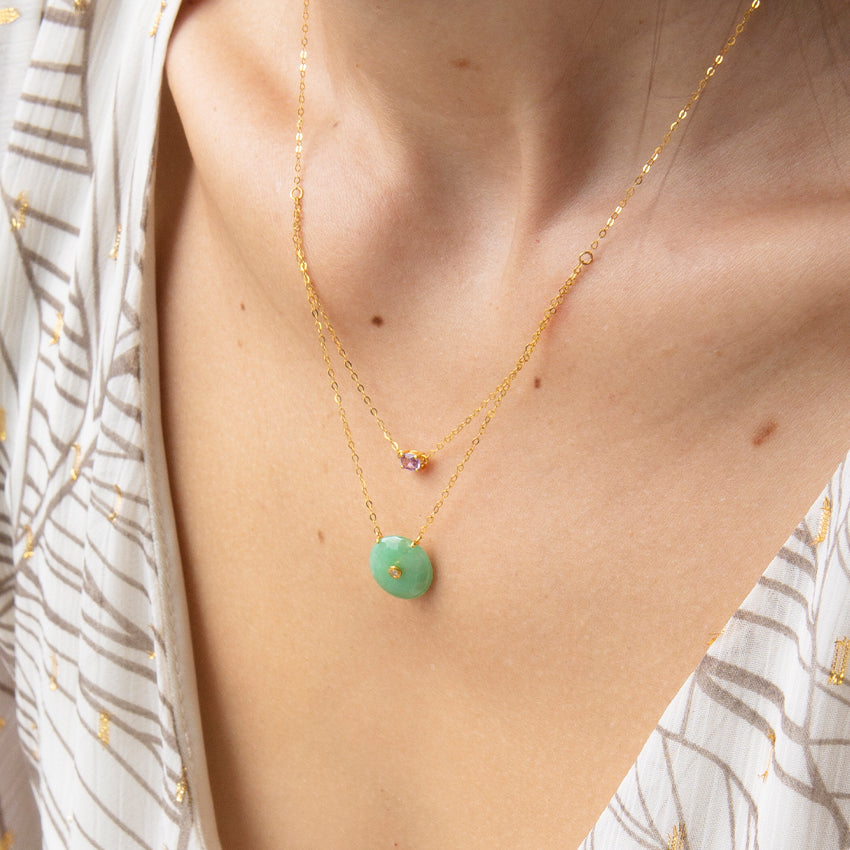 Diamond Jade Donut with Aquamarine or Amethyst Double Layer Necklace