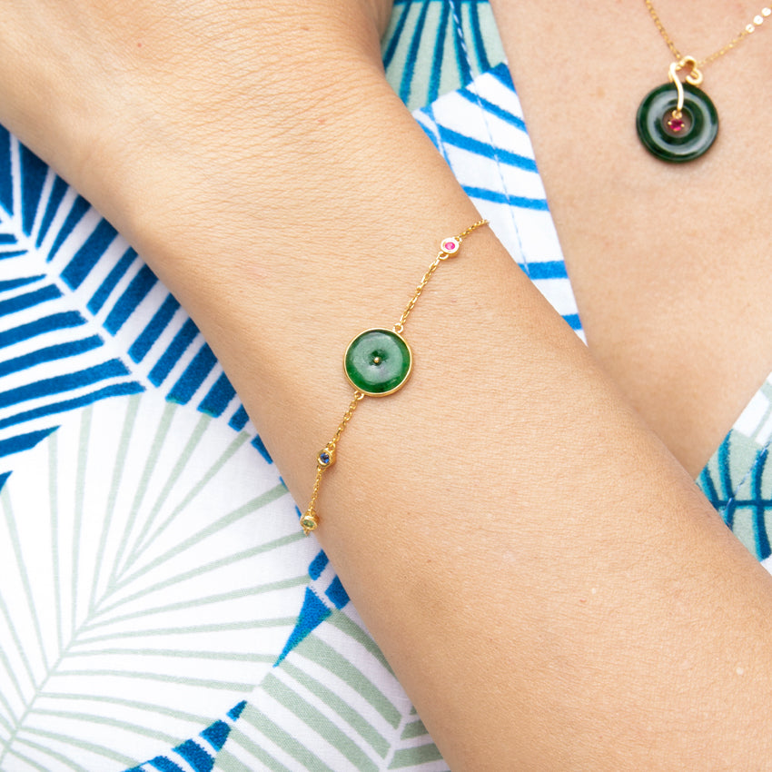 Jade Donut 18k Gold Bracelet with Ruby, Sapphire & Tsavorite