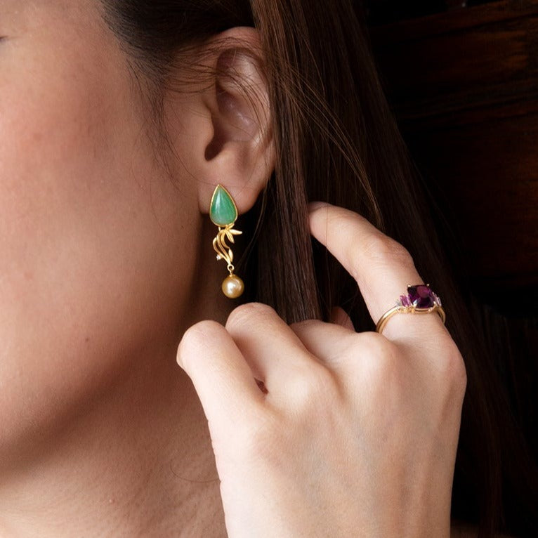 Pear Shape Jade Drop Earrings with Akoya Pearl