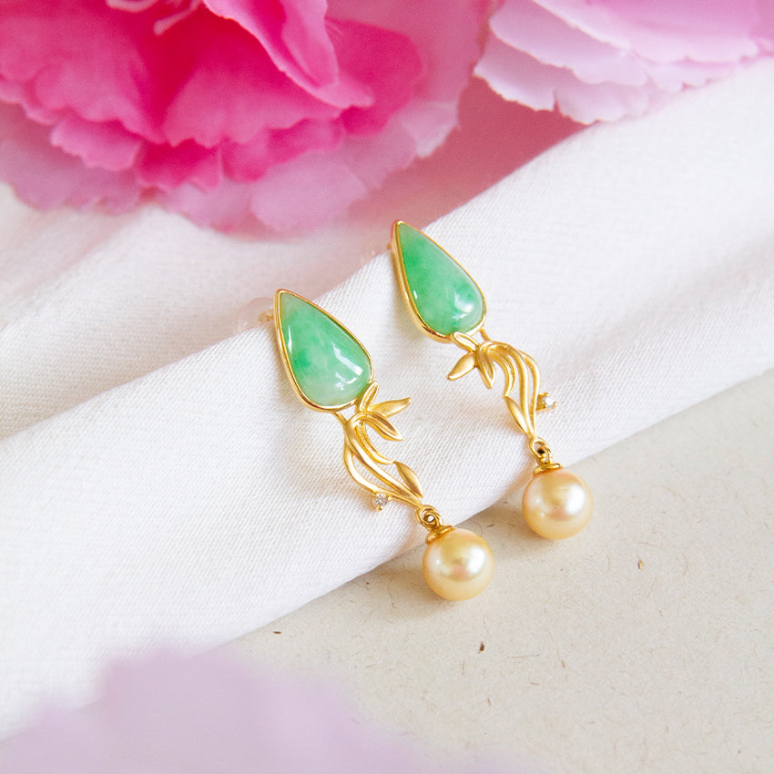 Pear Shape Jade Drop Earrings with Akoya Pearl
