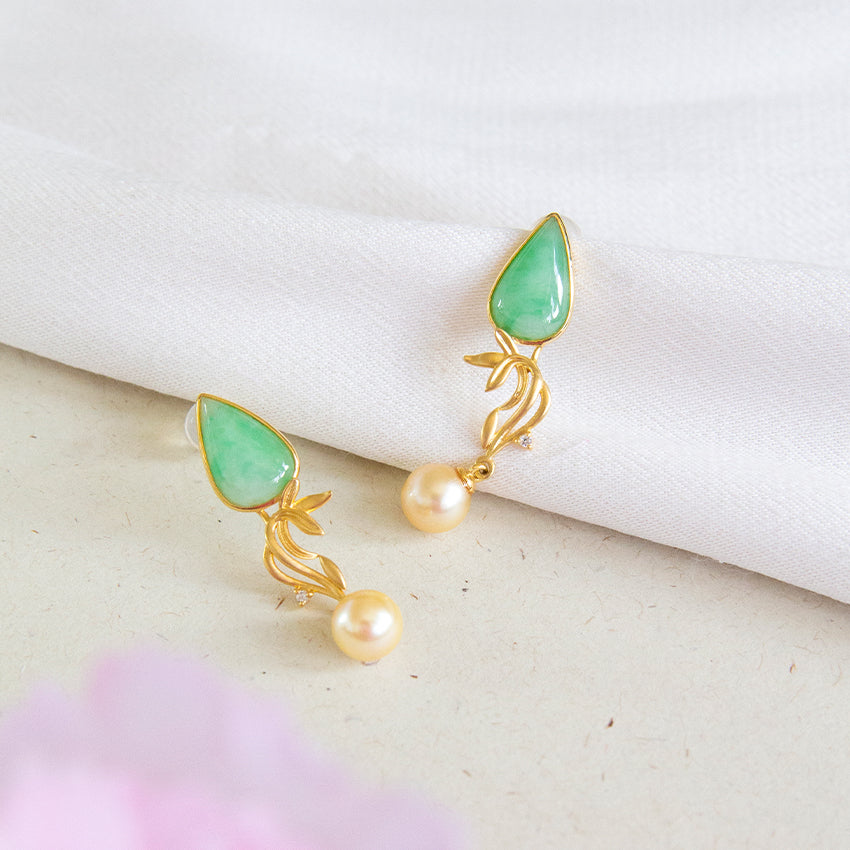 Pear Shape Jade Drop Earrings with Akoya Pearl