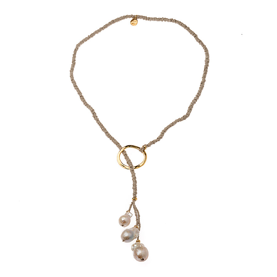 Velatti 3 Baroque Pearl Hand Knotted Linen Lariat Necklace