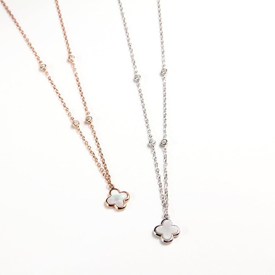 Mother of Pearl Clover with Zircon Necklace