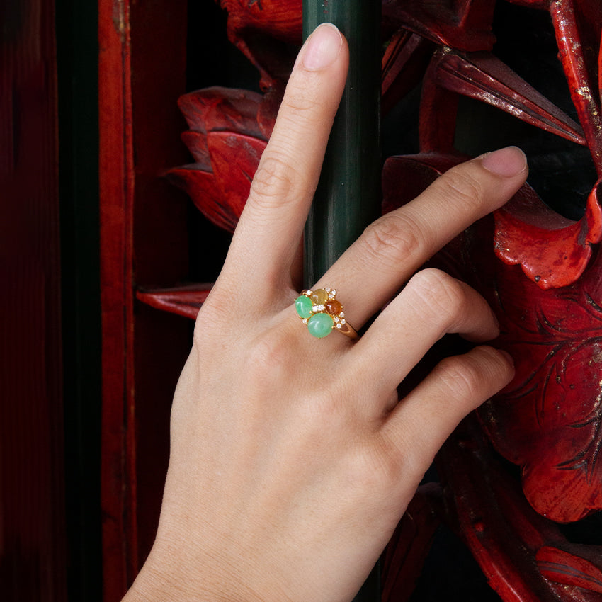 Multi Jade Bouquet & Diamond 18k Gold Ring