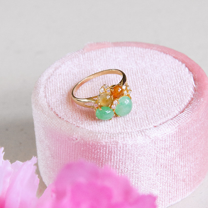 Multi Jade Bouquet & Diamond 18k Gold Ring
