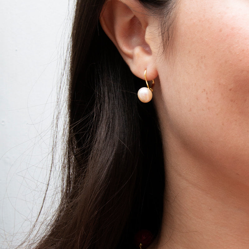 White Button Pearl Earrings with Back Clasp