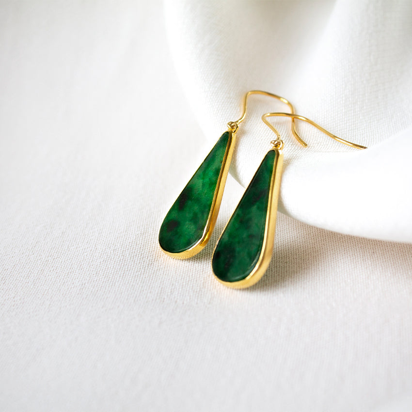 Teardrop Jade 18k Gold Hook Earrings