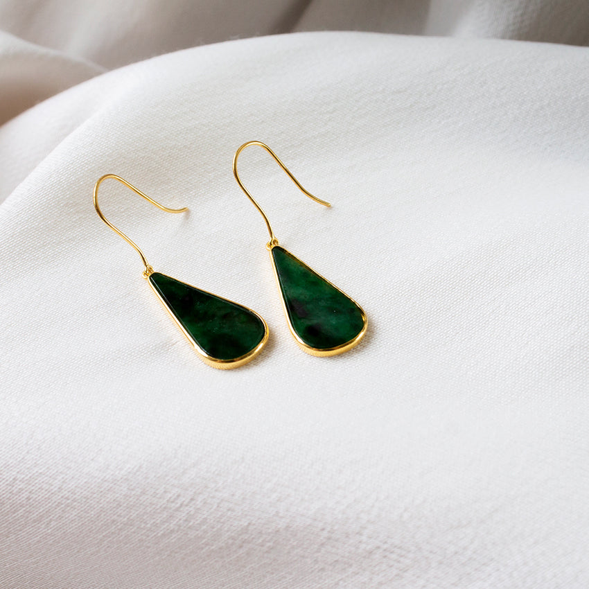 Teardrop Jade 18k Gold Hook Earrings