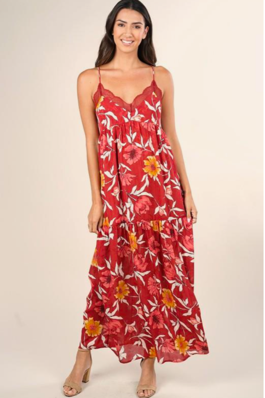 Lovestitch Macara Floral Tiered Maxi Dress- Wine/ Gold