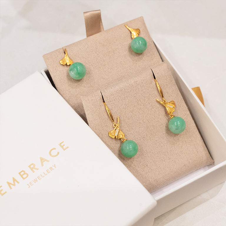 Ginkgo Leaf Diamond Hook Jade Earrings