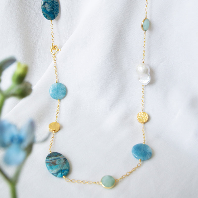 Baroque Pearl, Amazonite & Crazy Lace Agate Necklace