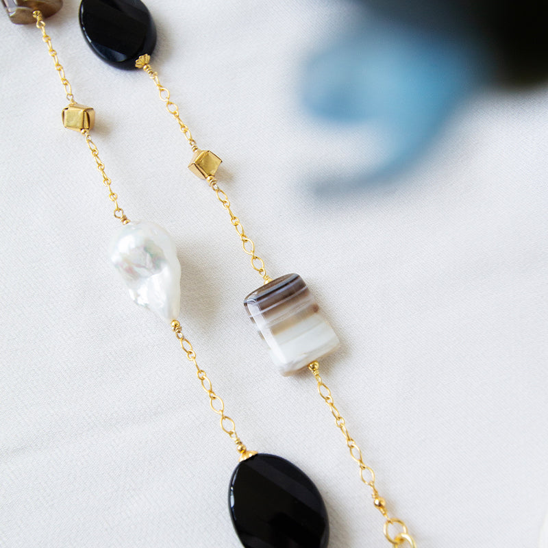 Baroque Pearl, Black & Banded Agate Necklace