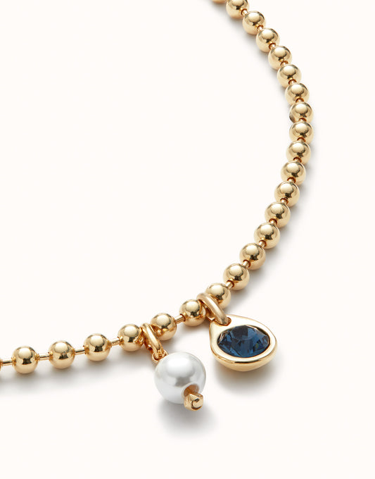 UNOde50 Gold Ball Necklace with Pearl & Blue Charm