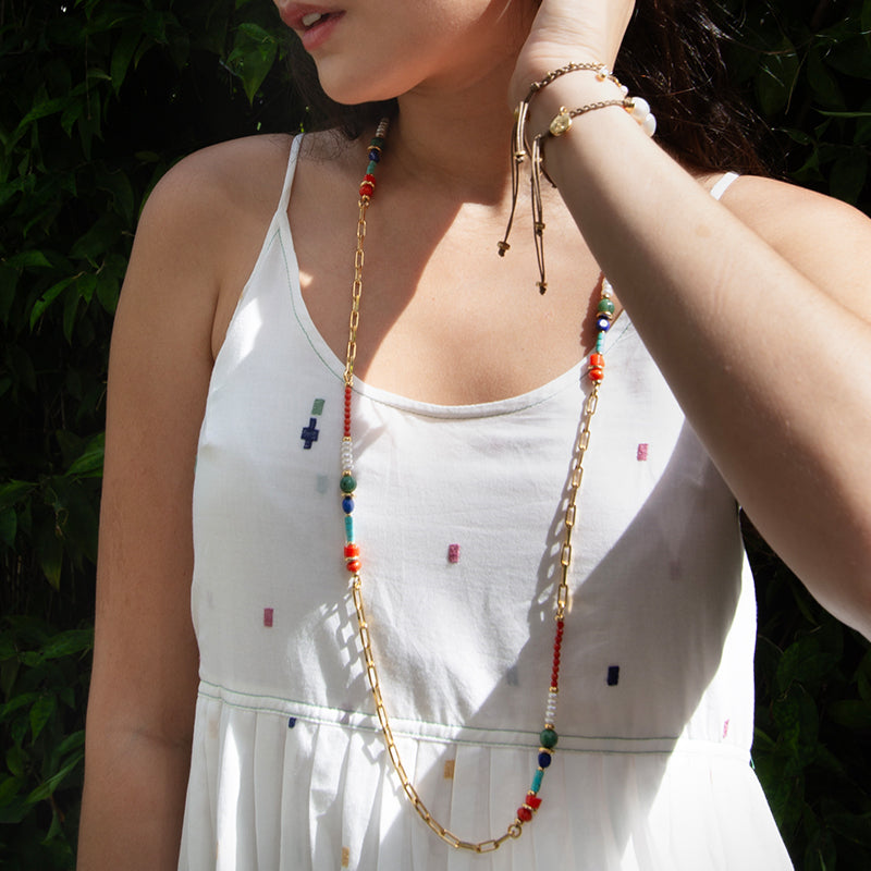 Velatti Long Necklace with Coral, Turquoise, Pearls and Sodalite
