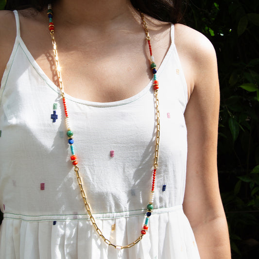 Velatti Long Necklace with Coral, Turquoise, Pearls and Sodalite