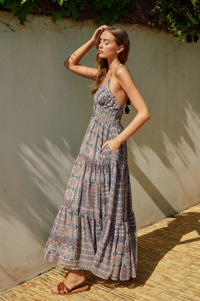 Dress Forum Mosaic Blue Halter Maxi Dress