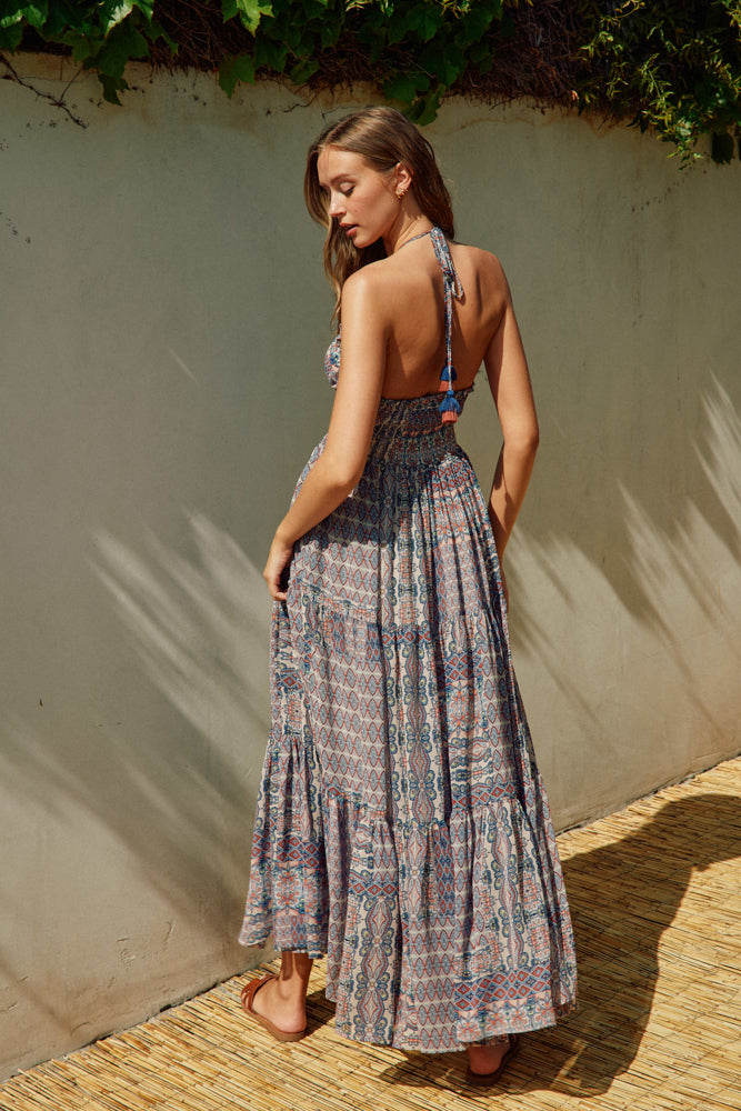 Dress Forum Mosaic Blue Halter Maxi Dress