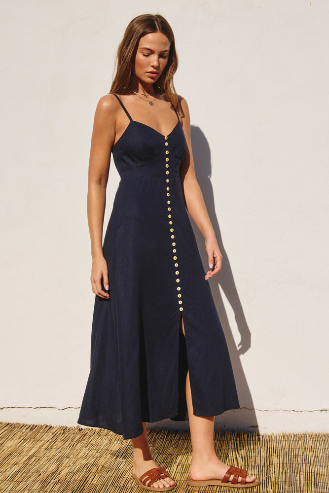 Dress Forum Heaven Sent Button Front Midi Dress- Navy