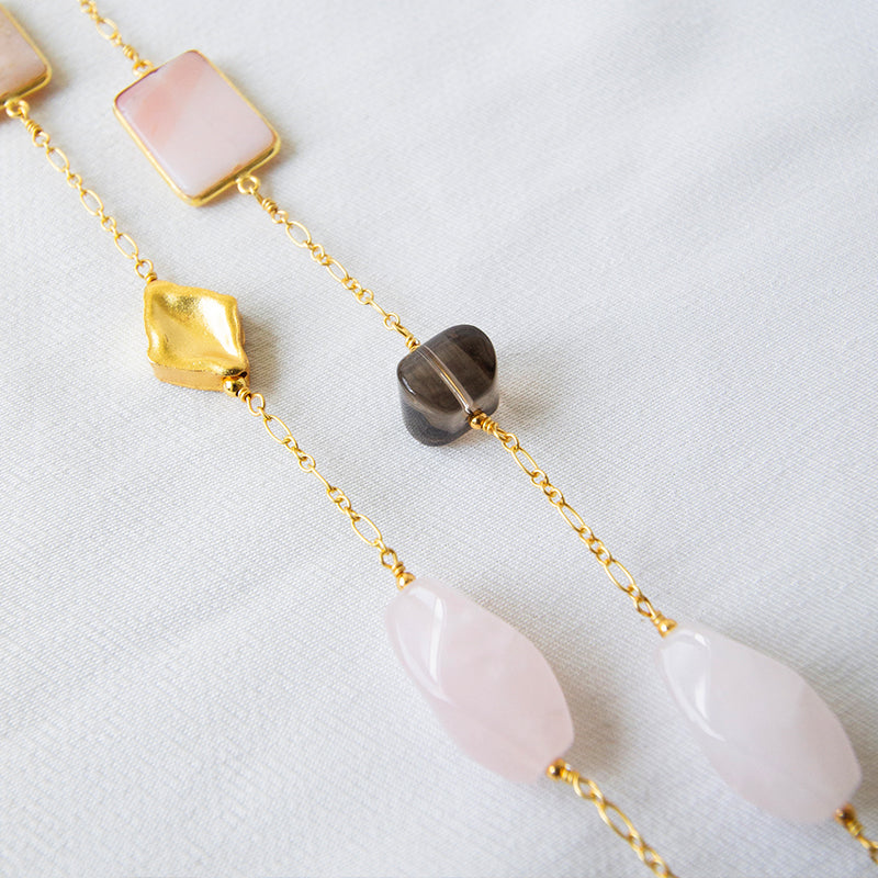 Rose Quartz, Smoky Quartz & Pink Opal Long Necklace