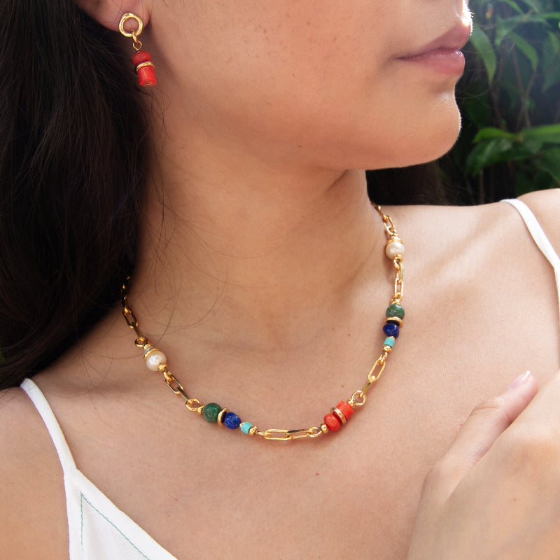 Velatti Short Necklace with Coral, Turquoise, Pearl & Sodalite
